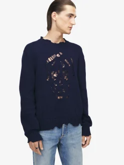 Men's Distressed Skull Jumper in Navy
