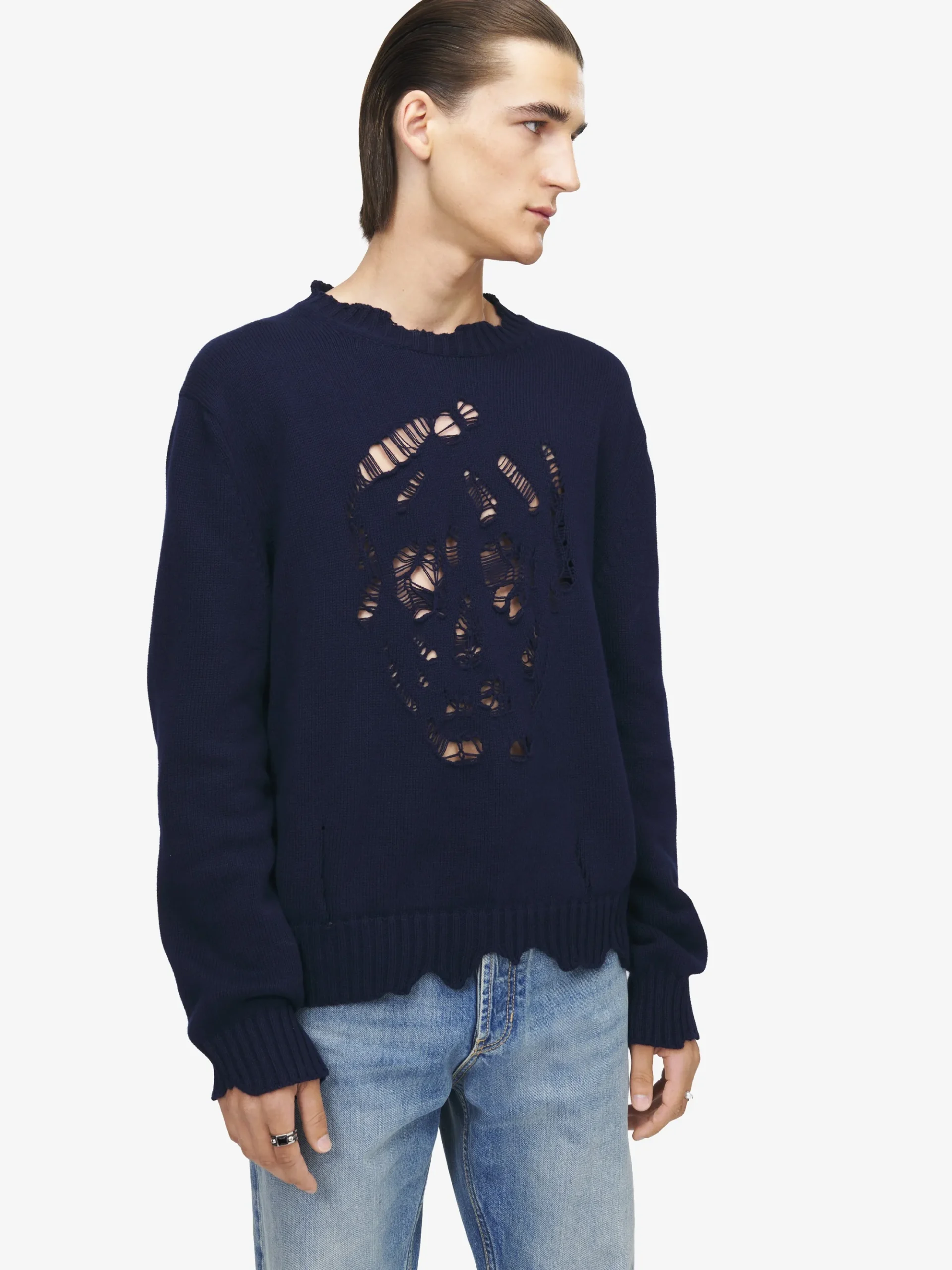 Men's Distressed Skull Jumper in Navy