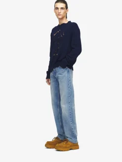 Men's Distressed Skull Jumper in Navy