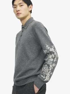 Men's Floral Embroidery Polo Shirt in Grey
