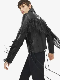 Men's Fringe Leather Jacket in Black