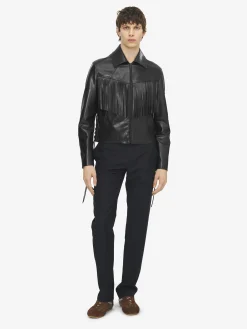 Men's Fringe Leather Jacket in Black