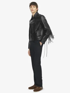 Men's Fringe Leather Jacket in Black