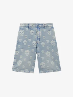 Men's Skull Jacquard Denim Shorts in Washed Blue
