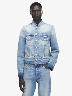 Men's Stand Collar Denim Jacket in Washed Blue