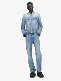 Men's Stand Collar Denim Jacket in Washed Blue