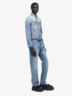 Men's Stand Collar Denim Jacket in Washed Blue