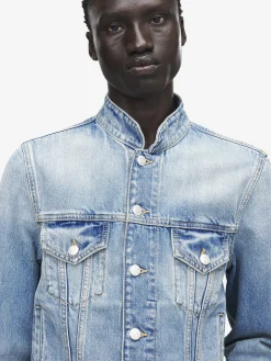 Men's Stand Collar Denim Jacket in Washed Blue