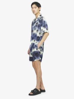 Men's Tie-Dye Skull Hawaiian Shirt in Indigo/Ivory