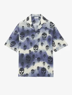 Men's Tie-Dye Skull Hawaiian Shirt in Indigo/Ivory