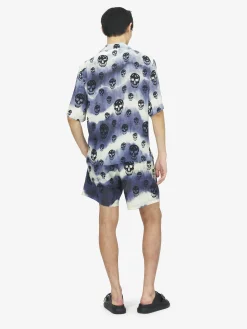Men's Tie-Dye Skull Hawaiian Shirt in Indigo/Ivory