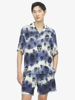 Men's Tie-Dye Skull Hawaiian Shirt in Indigo/Ivory