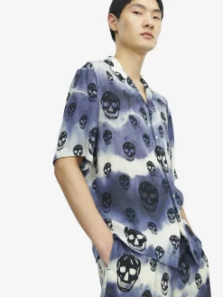Men's Tie-Dye Skull Hawaiian Shirt in Indigo/Ivory