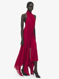 Women's Asymmetric Draped Dress in Red