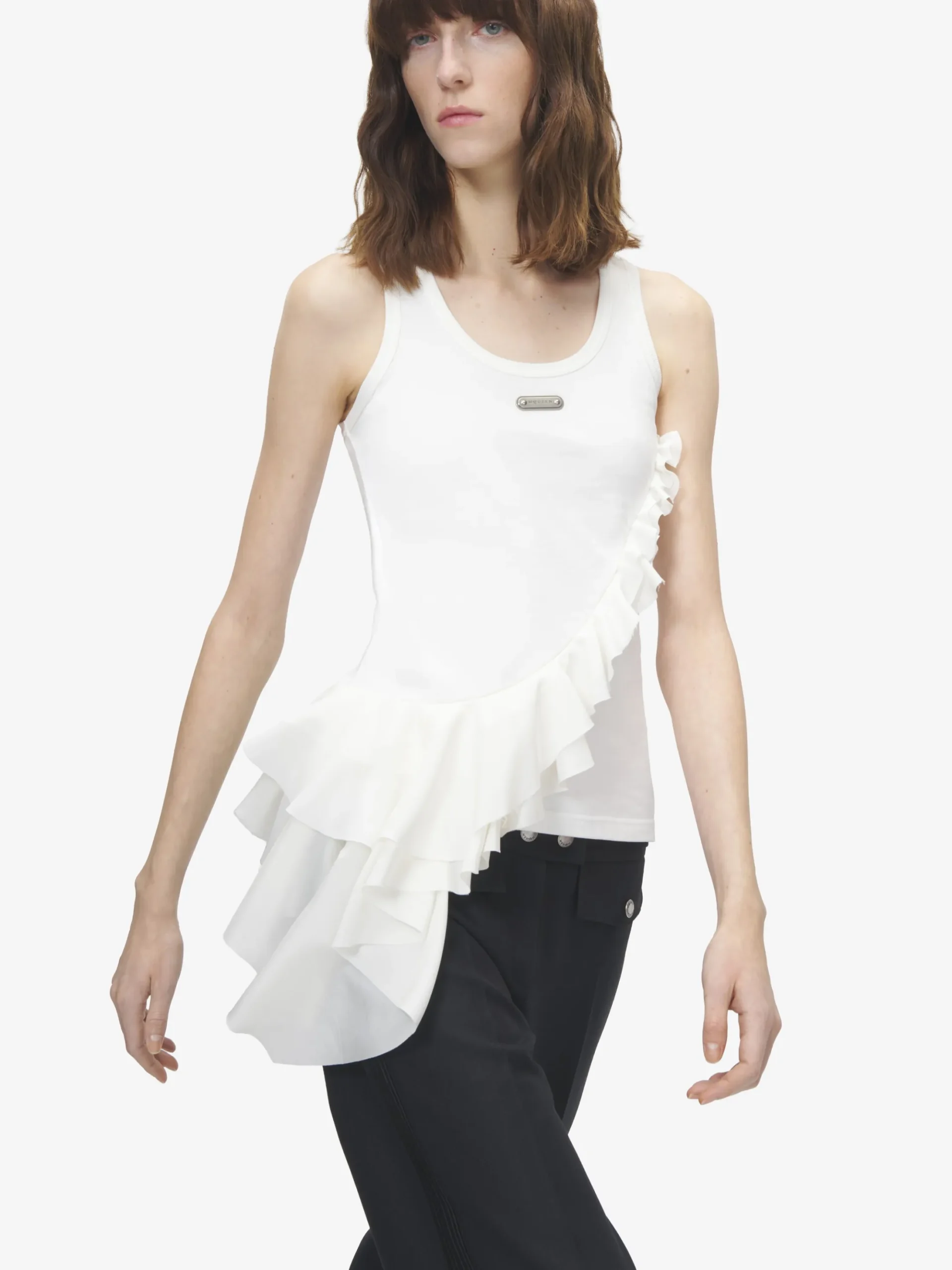 Women's Asymmetric Ruffle Tank Top in Ivory
