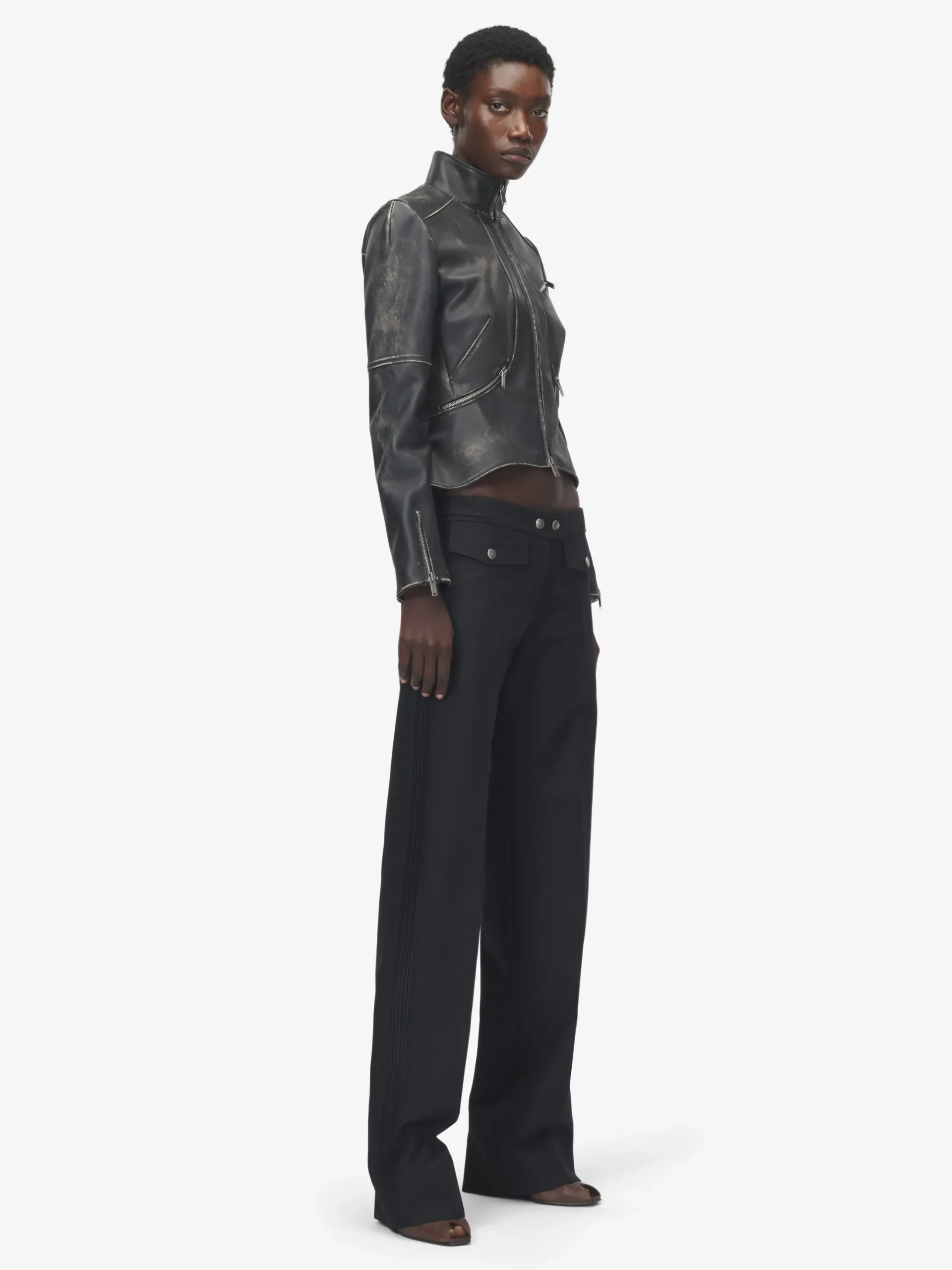 Women's Brushed Leather Cropped Jacket in Black