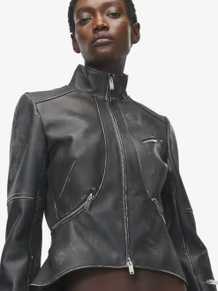 Women's Brushed Leather Cropped Jacket in Black