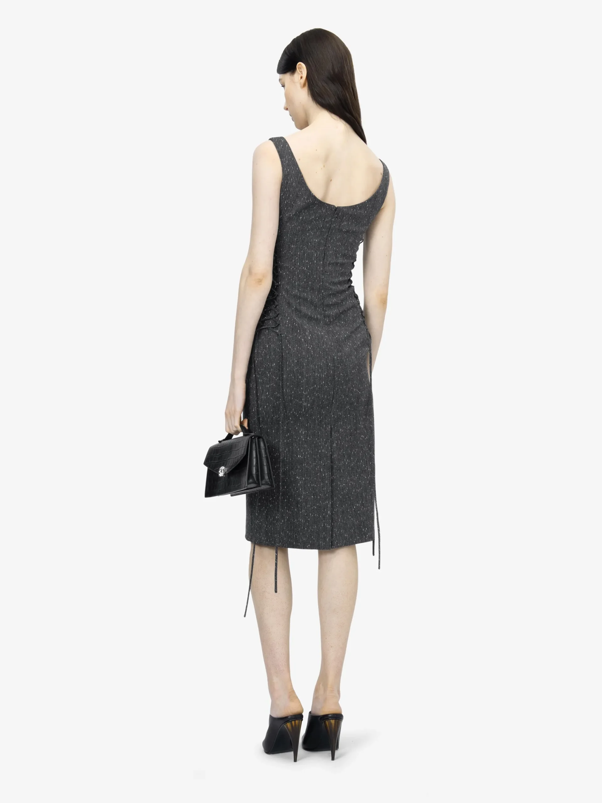 Women's Corset Lace Flecked Pinstripe Pencil Dress in Grey