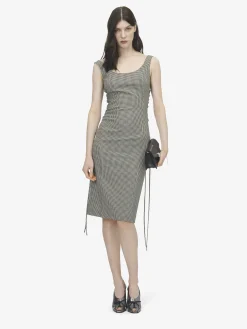 Women's Corset Lace Gingham Check Pencil Dress in Black/Ivory