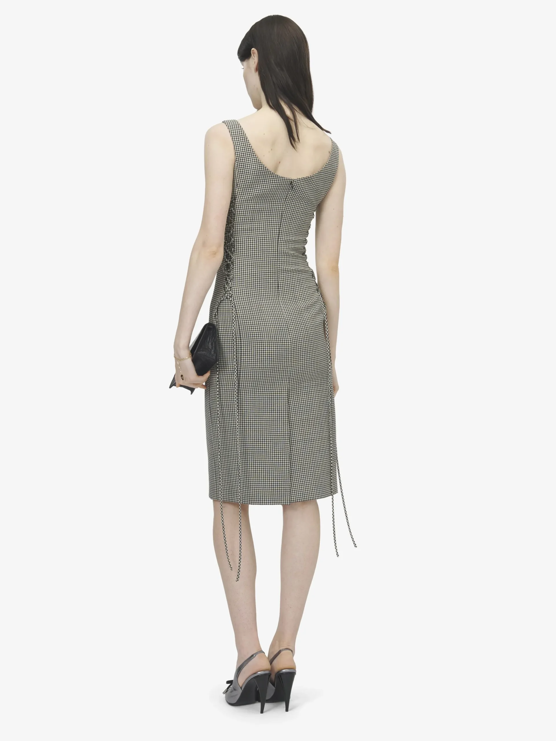Women's Corset Lace Gingham Check Pencil Dress in Black/Ivory