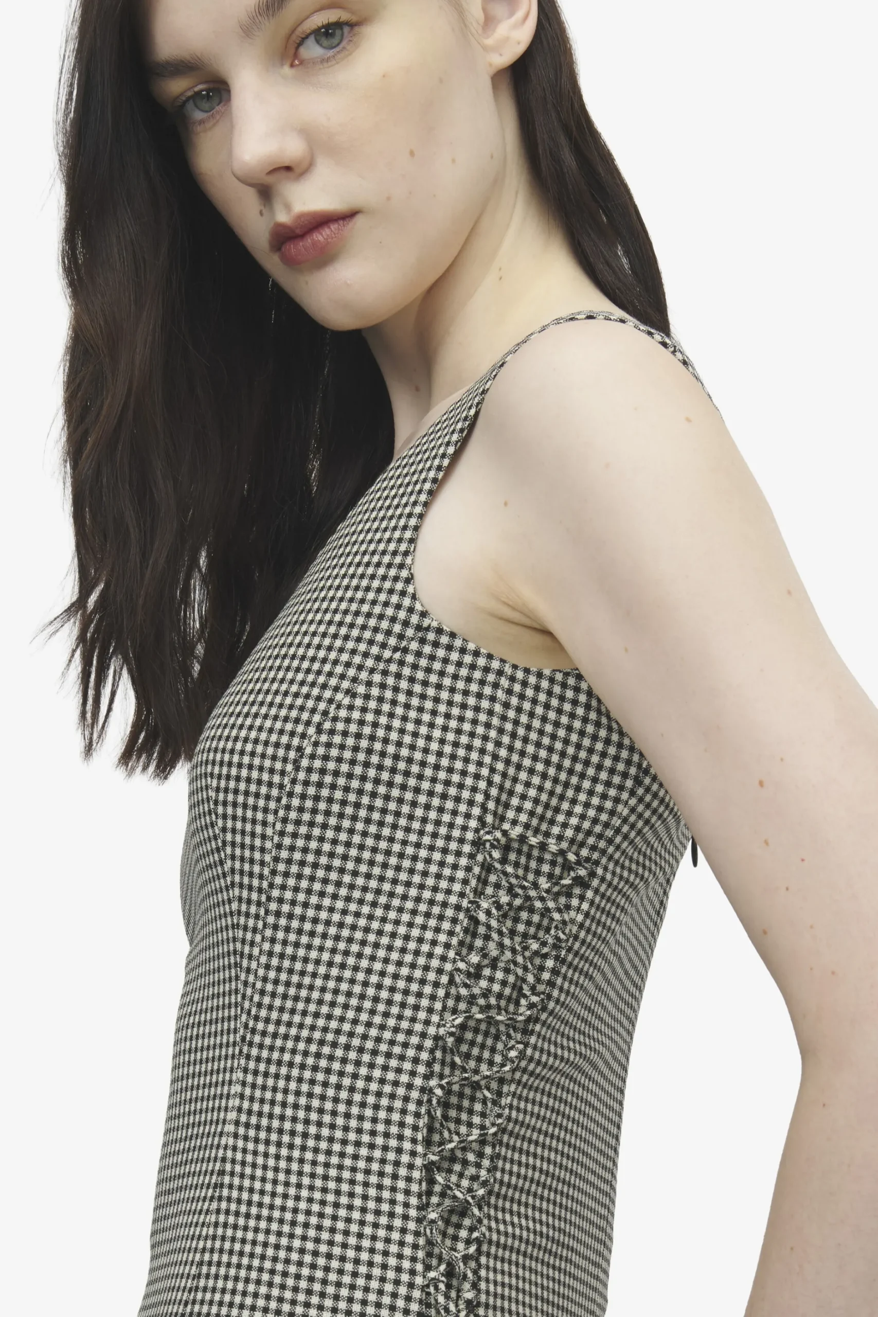 Women's Corset Lace Gingham Check Pencil Dress in Black/Ivory