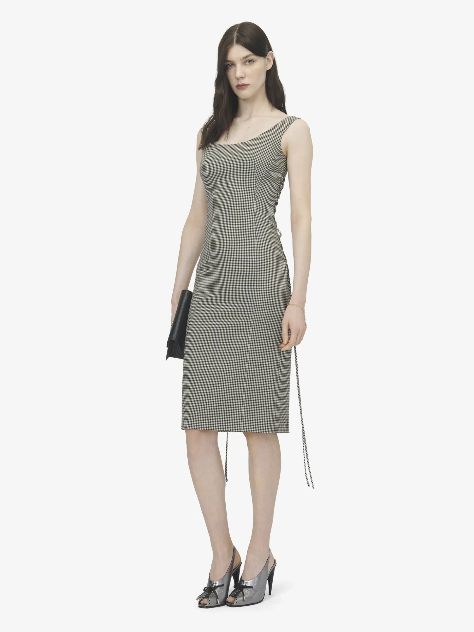 Women's Corset Lace Gingham Check Pencil Dress in Black/Ivory