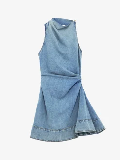 Women's Denim Asymmetric Mini Dress in Washed Blue