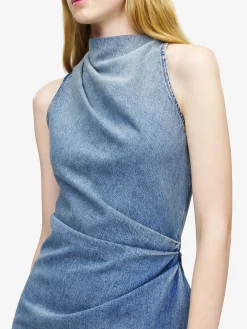 Women's Denim Asymmetric Mini Dress in Washed Blue