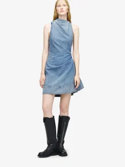 Women's Denim Asymmetric Mini Dress in Washed Blue
