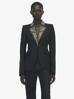 Women's Embroidered Lapel Single-breasted Jacket in Black