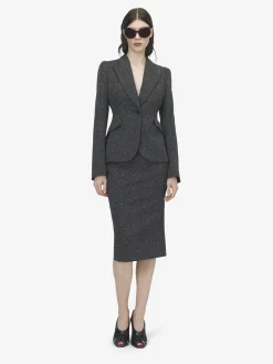 Women's Flecked Pinstripe Slashed Zip Pencil Skirt in Grey