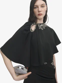 Women's Floral Embroidery Asymmetric Cape in Black