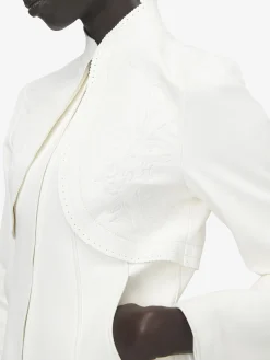 Women's Floral Embroidery Leather Jacket in White