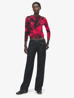 Women's Floral Jacquard Cardigan in Red/Black