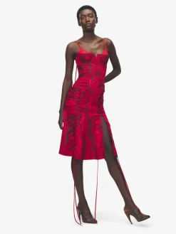 Women's Floral Jacquard Corset Dress in Red/Black