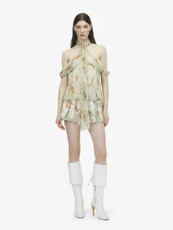 Women's Floral Pleated Top in Stone/Light Orange