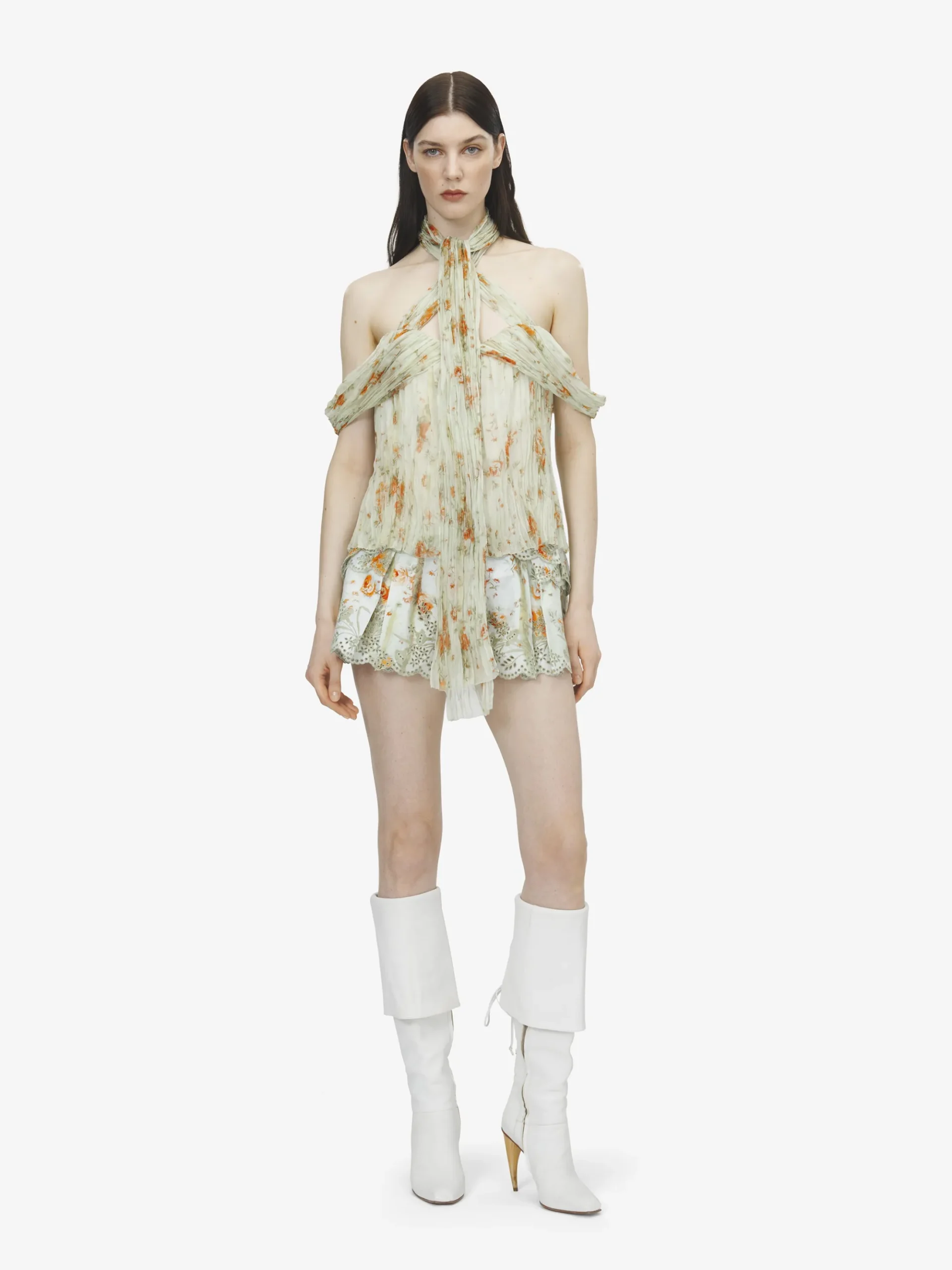 Women's Floral Pleated Top in Stone/Light Orange