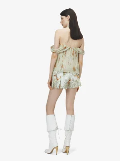 Women's Floral Pleated Top in Stone/Light Orange