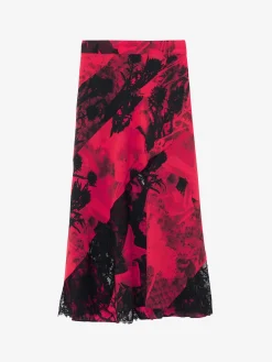 Women's Floral Slashed Midi Skirt in Red/Black