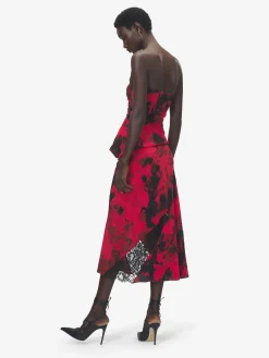 Women's Floral Slashed Midi Skirt in Red/Black