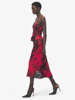 Women's Floral Slashed Midi Skirt in Red/Black