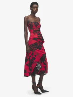 Women's Floral Strapless Top in Red/Black