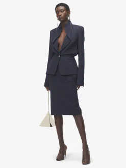 Women's Folded Lapel Single-Breasted Jacket in Navy
