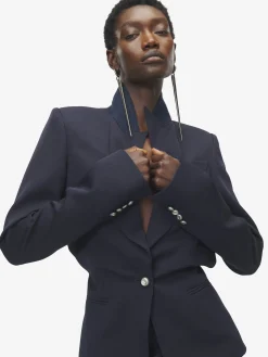 Women's Folded Lapel Single-Breasted Jacket in Navy