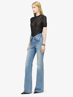 Women's Fold Over Waist Jeans in Washed Blue