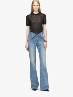 Women's Fold Over Waist Jeans in Washed Blue