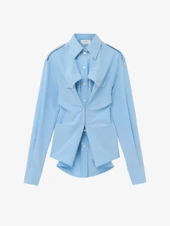 Women's Gathered Long-Sleeved Shirt in Blue