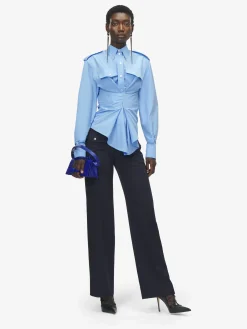 Women's Gathered Long-Sleeved Shirt in Blue