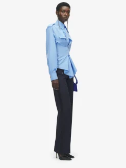Women's Gathered Long-Sleeved Shirt in Blue