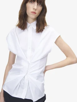 Women's Gathered Short-Sleeved Shirt in Optical White